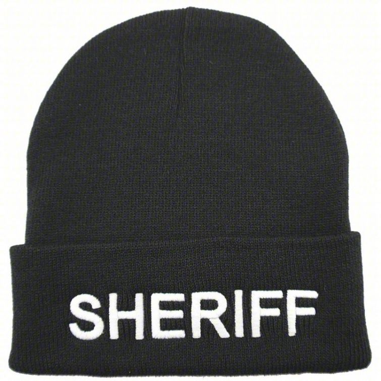 SHERIFF KNIT HAT - WHITE "SHERIFF" LETTERING on BLACK KNIT HAT.